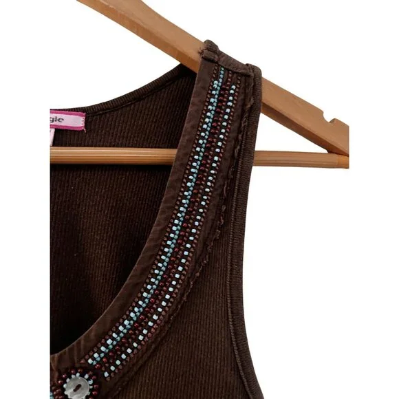 Vintage Energie Women's Boho Y2K Brown Ribbed Tank Top W/ Beaded Embellishment M - Picture 2 of 9